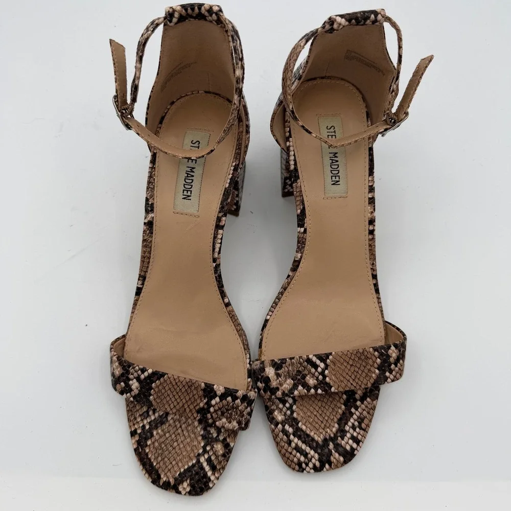 Steve Madden Maris Sandals Women 9.5 Good Brown Snakeskin Print Block Heel